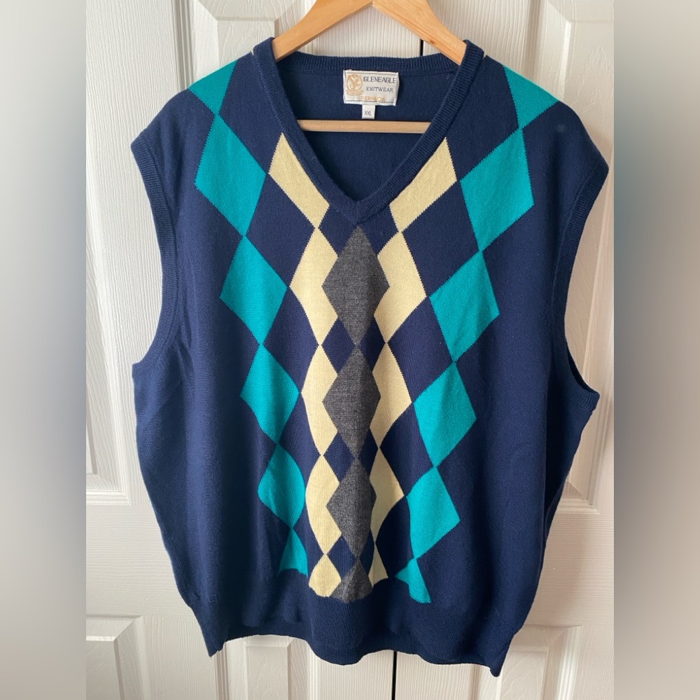 GLENEAGLE KNITWEAR Bermuda‎ Navy Argyle 100% Wool V-Neck Golf Sweater Vest XXL